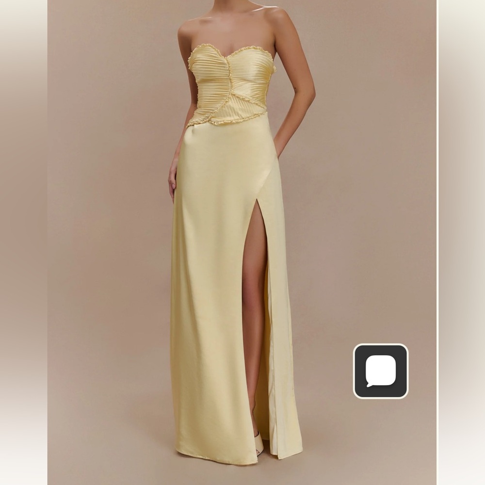 Meshki Larissa Lemon Satin Maxi Dress with Ruched Petals